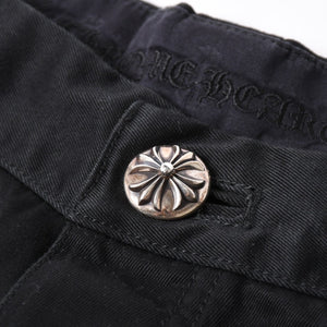 極美品 CHROME HEARTS クロムハーツ カーペンターショーツ クロスボールボタン スクロールラベル ブラック サイズ34 シルバー925 カットオフ 中古 4a006536