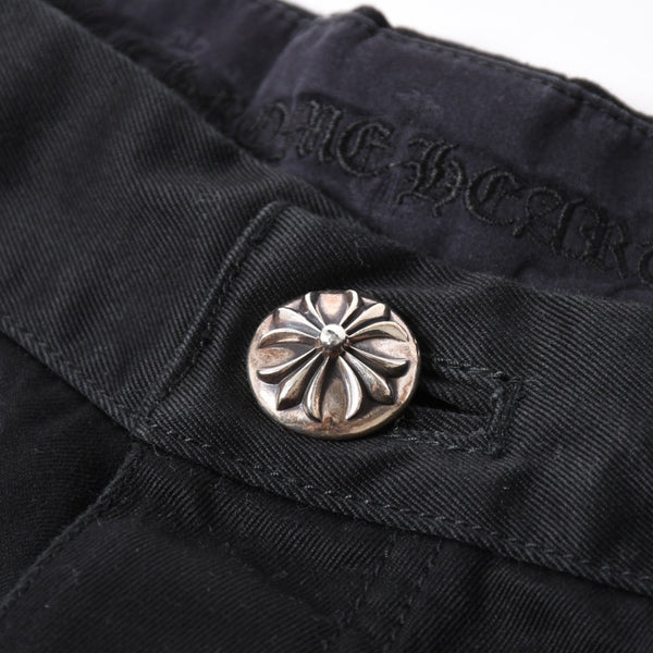 極美品 CHROME HEARTS クロムハーツ カーペンターショーツ クロスボールボタン スクロールラベル ブラック サイズ34 シルバー925 カットオフ 中古 4a006536