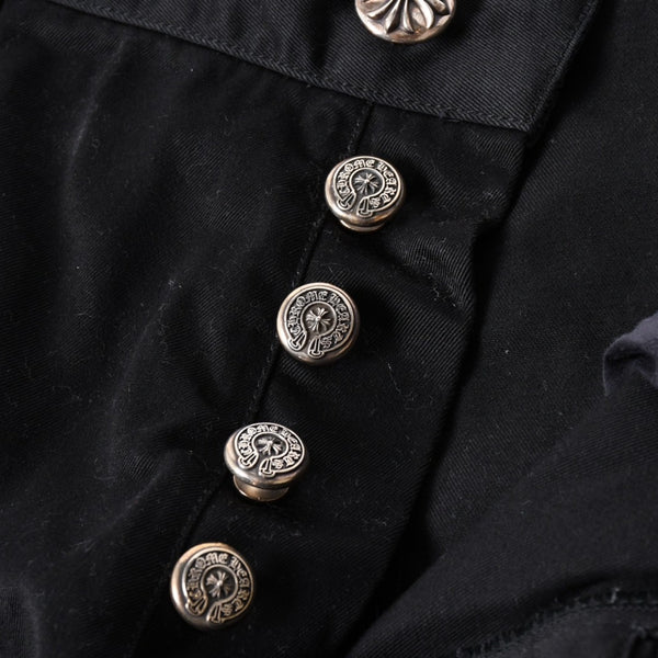 極美品 CHROME HEARTS クロムハーツ カーペンターショーツ クロスボールボタン スクロールラベル ブラック サイズ34 シルバー925 カットオフ 中古 4a006536