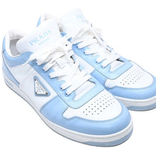 Load the image into the gallery viewer. PRADA プラダ スニーカー ダウンタウン レザー トライアングルロゴ 靴 ホワイト ブルー 2EE364 サイズ11 美品 中古 4a006552