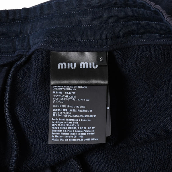 極美品 MIU MIU ミュウミュウ コットンフリース ミニスカート MJD226 ネイビー レディース ロゴパッチ シルバー金具 中古 4a006357