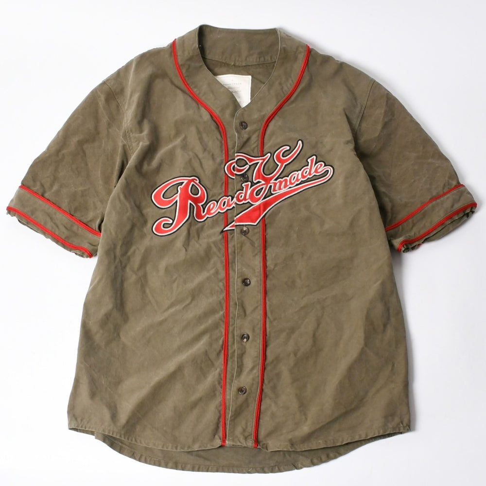 極美品 READYMADE レディメイド ベースボールシャツ 半袖シャツ JAPAN製 コットン オリーブ レッド サイズ3 中古 4a006546