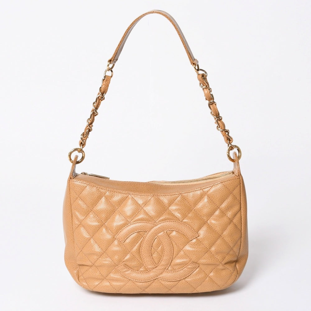 極美品 CHANEL シャネル チェーンワンショルダーバッグ 8番台 ココマーク パッチ キャビアスキン ベージュ ゴールド金具 中古 4a006583