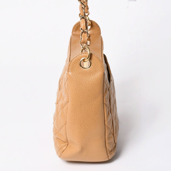 極美品 CHANEL シャネル チェーンワンショルダーバッグ 8番台 ココマーク パッチ キャビアスキン ベージュ ゴールド金具 中古 4a006583