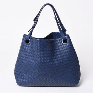 極美品 BOTTEGA VENETA ボッテガヴェネタ ガルダ イントレチャート トートバッグ レザー ネイビー ブルー 179320 中古 4a006677