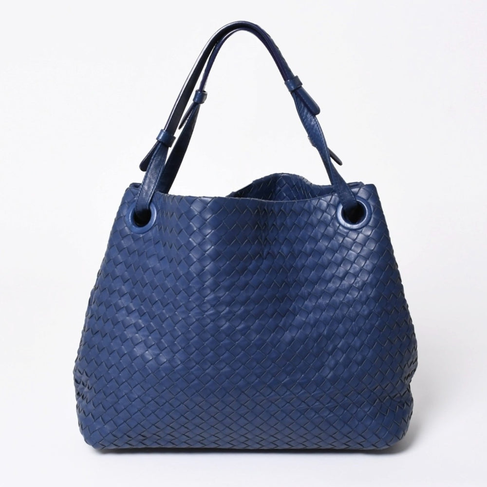 極美品 BOTTEGA VENETA ボッテガヴェネタ ガルダ イントレチャート トートバッグ レザー ネイビー ブルー 179320 中古 4a006677