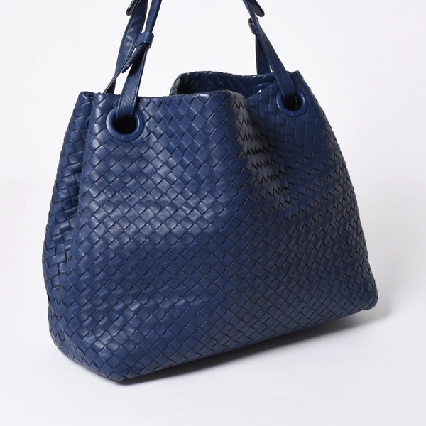 極美品 BOTTEGA VENETA ボッテガヴェネタ ガルダ イントレチャート トートバッグ レザー ネイビー ブルー 179320 中古 4a006677