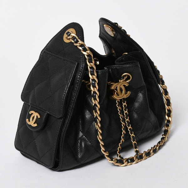 極美品 CHANEL シャネル シャネル25 ミニ ハンドバッグ AS5631 ランダム番台 ココマーク キャビアスキン ブラック ゴールド金具 中古 4a006590