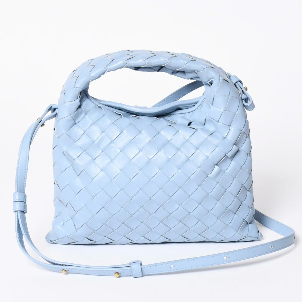 極美品 BOTTEGA VENETA ボッテガヴェネタ ミニ ホップ イントレチャート 2WAY ハンドバッグ ショルダーバッグ ライトブルー レザー 中古 4a006400