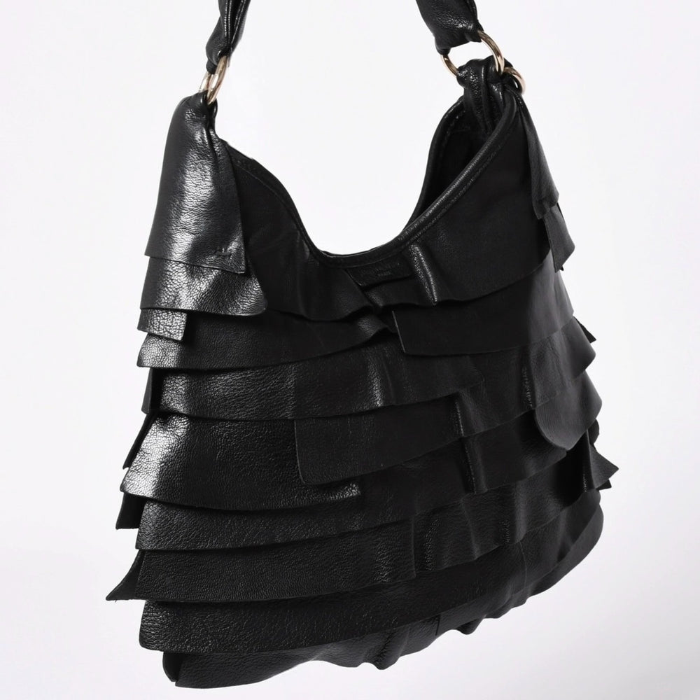 極美品 YVES SAINT LAURENT イヴサンローラン サントロペ ティアードフリル ワンショルダーバッグ 122245 ブラック ゴールド金具 中古 4a006600