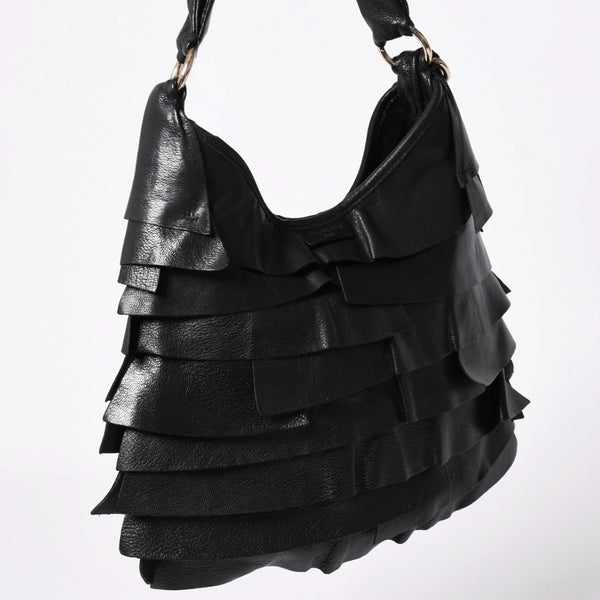 極美品 YVES SAINT LAURENT イヴサンローラン サントロペ ティアードフリル ワンショルダーバッグ 122245 ブラック ゴールド金具 中古 4a006600