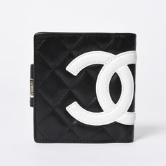極美品 CHANEL シャネル カンボンライン 二つ折り財布 A26720 9番台 ココマーク カーフスキン がま口 ブラック シルバー金具 中古 4a006607