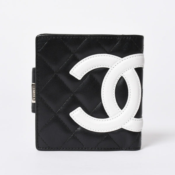 極美品 CHANEL シャネル カンボンライン 二つ折り財布 A26720 9番台 ココマーク カーフスキン がま口 ブラック シルバー金具 中古 4a006607