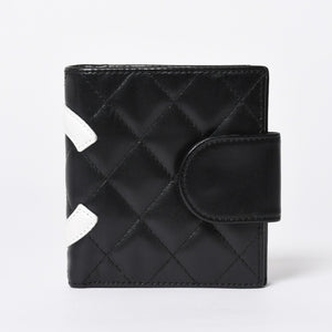 極美品 CHANEL シャネル カンボンライン 二つ折り財布 A26720 9番台 ココマーク カーフスキン がま口 ブラック シルバー金具 中古 4a006607
