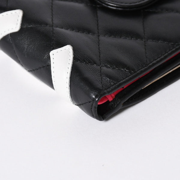 極美品 CHANEL シャネル カンボンライン 二つ折り財布 A26720 9番台 ココマーク カーフスキン がま口 ブラック シルバー金具 中古 4a006607