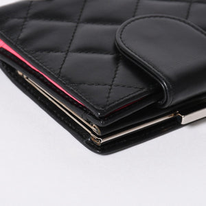 極美品 CHANEL シャネル カンボンライン 二つ折り財布 A26720 9番台 ココマーク カーフスキン がま口 ブラック シルバー金具 中古 4a006607