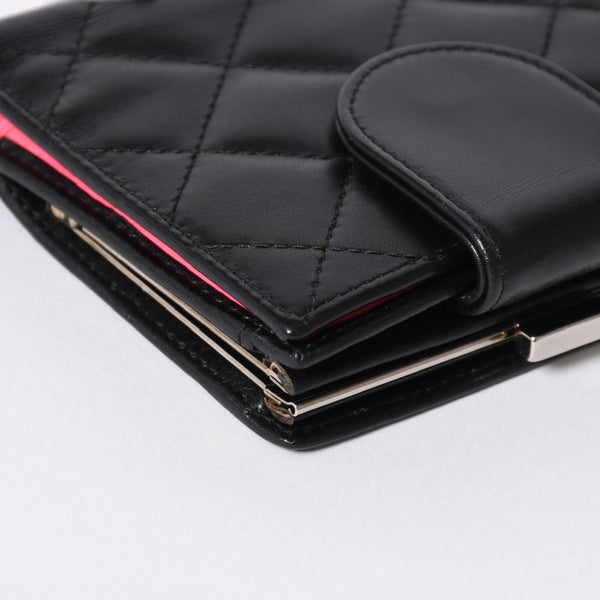 極美品 CHANEL シャネル カンボンライン 二つ折り財布 A26720 9番台 ココマーク カーフスキン がま口 ブラック シルバー金具 中古 4a006607