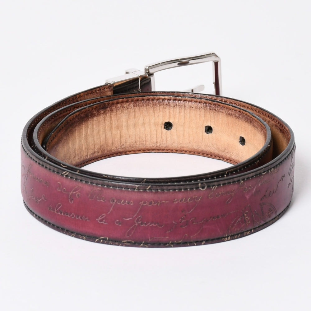 極美品 Berluti ベルルッティ エッセンスライン スクリット カリグラフィ レザーベルト 全長約99.5cm ワインレッド 中古 4a006635