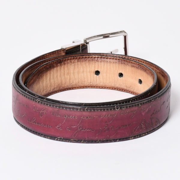 極美品 Berluti ベルルッティ エッセンスライン スクリット カリグラフィ レザーベルト 全長約99.5cm ワインレッド 中古 4a006635