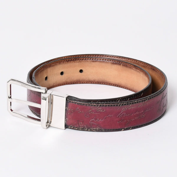 極美品 Berluti ベルルッティ エッセンスライン スクリット カリグラフィ レザーベルト 全長約99.5cm ワインレッド 中古 4a006635