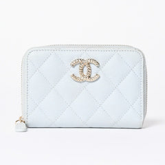 CHANEL シャネル ラウンドジップ ウォレット 財布 ランダム番台 ココマーク キャビアスキン ライトブルー ゴールド金具 美品 中古 4a006610