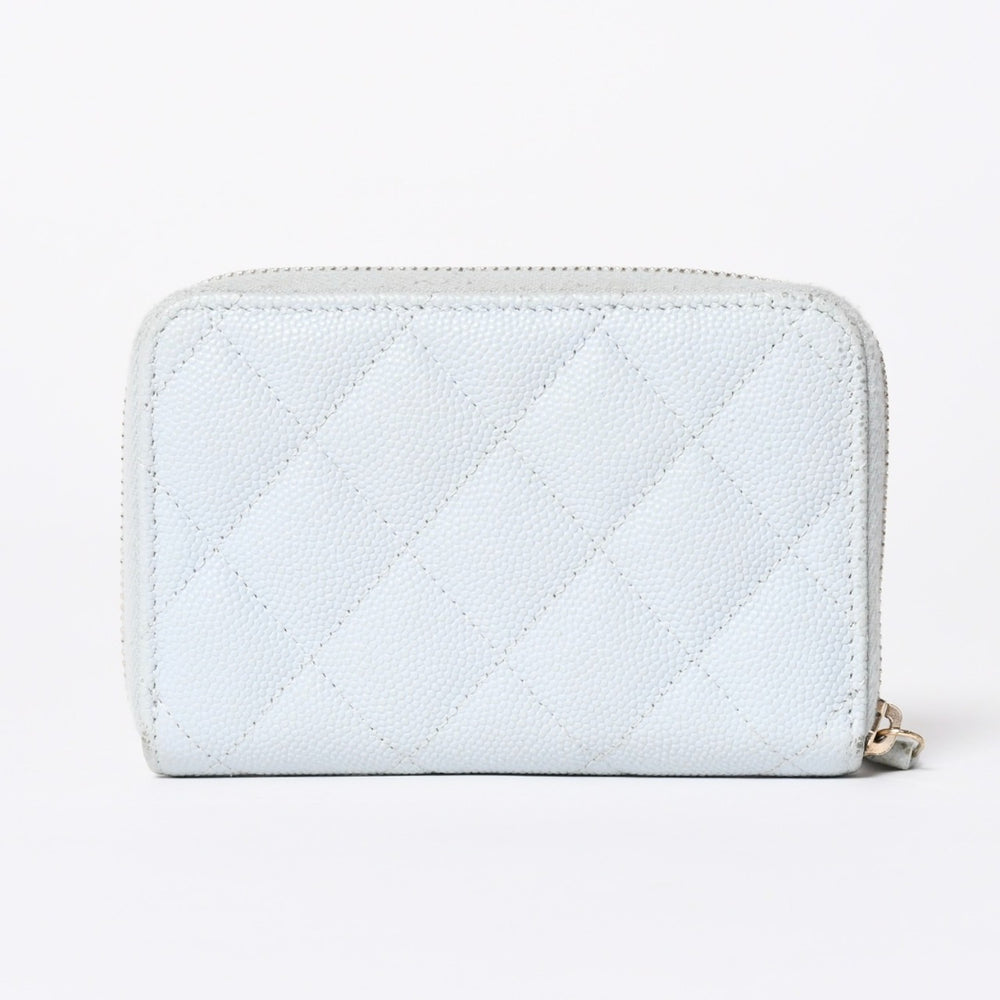 CHANEL シャネル ラウンドジップ ウォレット 財布 ランダム番台 ココマーク キャビアスキン ライトブルー ゴールド金具 美品 中古 4a006610