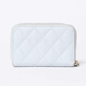 CHANEL シャネル ラウンドジップ ウォレット 財布 ランダム番台 ココマーク キャビアスキン ライトブルー ゴールド金具 美品 中古 4a006610