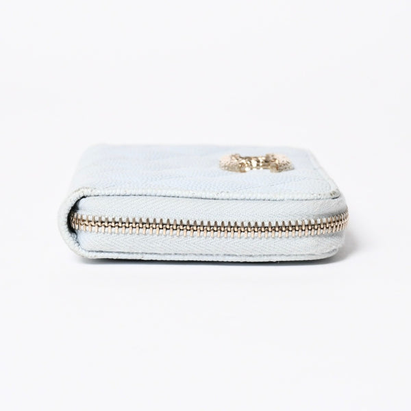 CHANEL シャネル ラウンドジップ ウォレット 財布 ランダム番台 ココマーク キャビアスキン ライトブルー ゴールド金具 美品 中古 4a006610