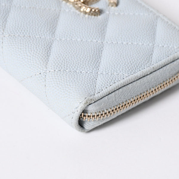 CHANEL シャネル ラウンドジップ ウォレット 財布 ランダム番台 ココマーク キャビアスキン ライトブルー ゴールド金具 美品 中古 4a006610