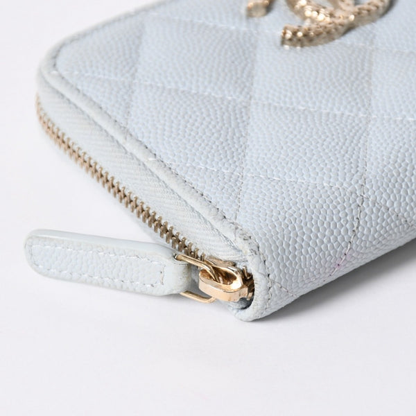 CHANEL シャネル ラウンドジップ ウォレット 財布 ランダム番台 ココマーク キャビアスキン ライトブルー ゴールド金具 美品 中古 4a006610