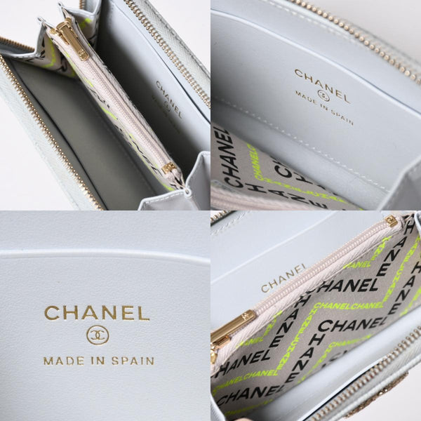 CHANEL シャネル ラウンドジップ ウォレット 財布 ランダム番台 ココマーク キャビアスキン ライトブルー ゴールド金具 美品 中古 4a006610