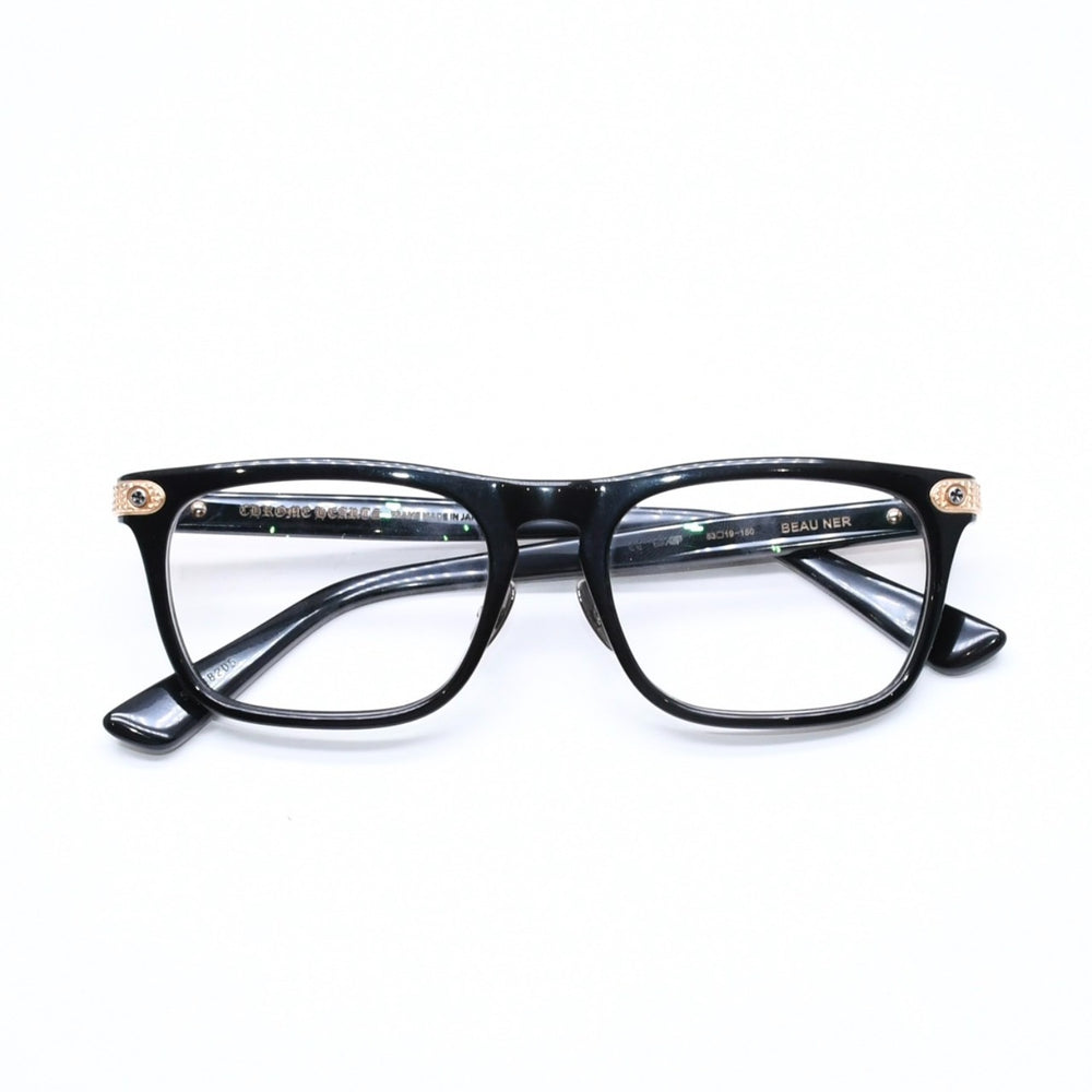 極美品 CHROME HEARTS クロムハーツ BEAU NER 眼鏡 メガネ ウェリントン型 サイズ53◻︎19 150 ブラック ゴールド 中古 4a006676