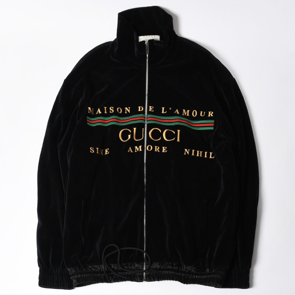 極美品 GUCCI グッチ MAISON DE L'AMOUR ロゴエンブロイダリー ベロア オーバーサイズジャケット ブラック サイズL 中古 4a006561