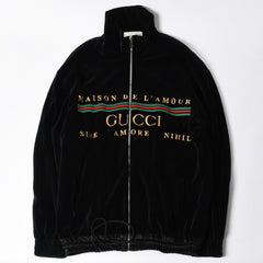 極美品 GUCCI グッチ MAISON DE L'AMOUR ロゴエンブロイダリー ベロア オーバーサイズジャケット ブラック サイズL 中古 4a006561