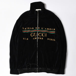 極美品 GUCCI グッチ MAISON DE L'AMOUR ロゴエンブロイダリー ベロア オーバーサイズジャケット ブラック サイズL 中古 4a006561