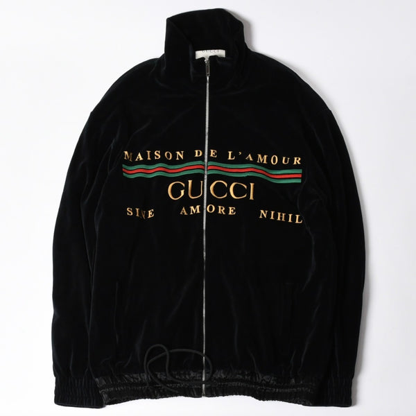 極美品 GUCCI グッチ MAISON DE L'AMOUR ロゴエンブロイダリー ベロア オーバーサイズジャケット ブラック サイズL 中古 4a006561