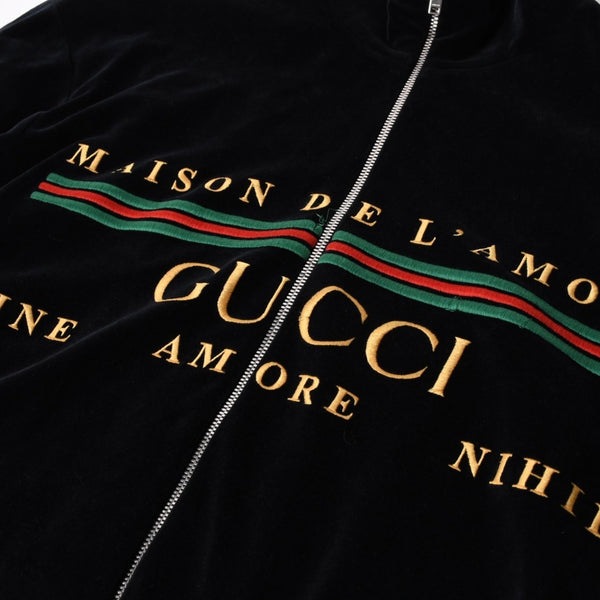 極美品 GUCCI グッチ MAISON DE L'AMOUR ロゴエンブロイダリー ベロア オーバーサイズジャケット ブラック サイズL 中古 4a006561