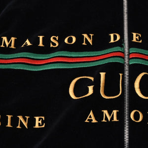 極美品 GUCCI グッチ MAISON DE L'AMOUR ロゴエンブロイダリー ベロア オーバーサイズジャケット ブラック サイズL 中古 4a006561