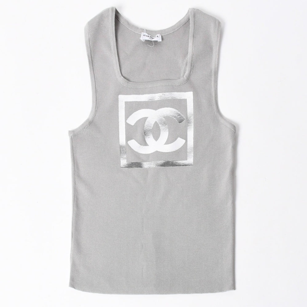 極美品 CHANEL シャネル ココマーク タンクトップ P17742V00943 コットン グレー シルバー金具 中古 4a006354