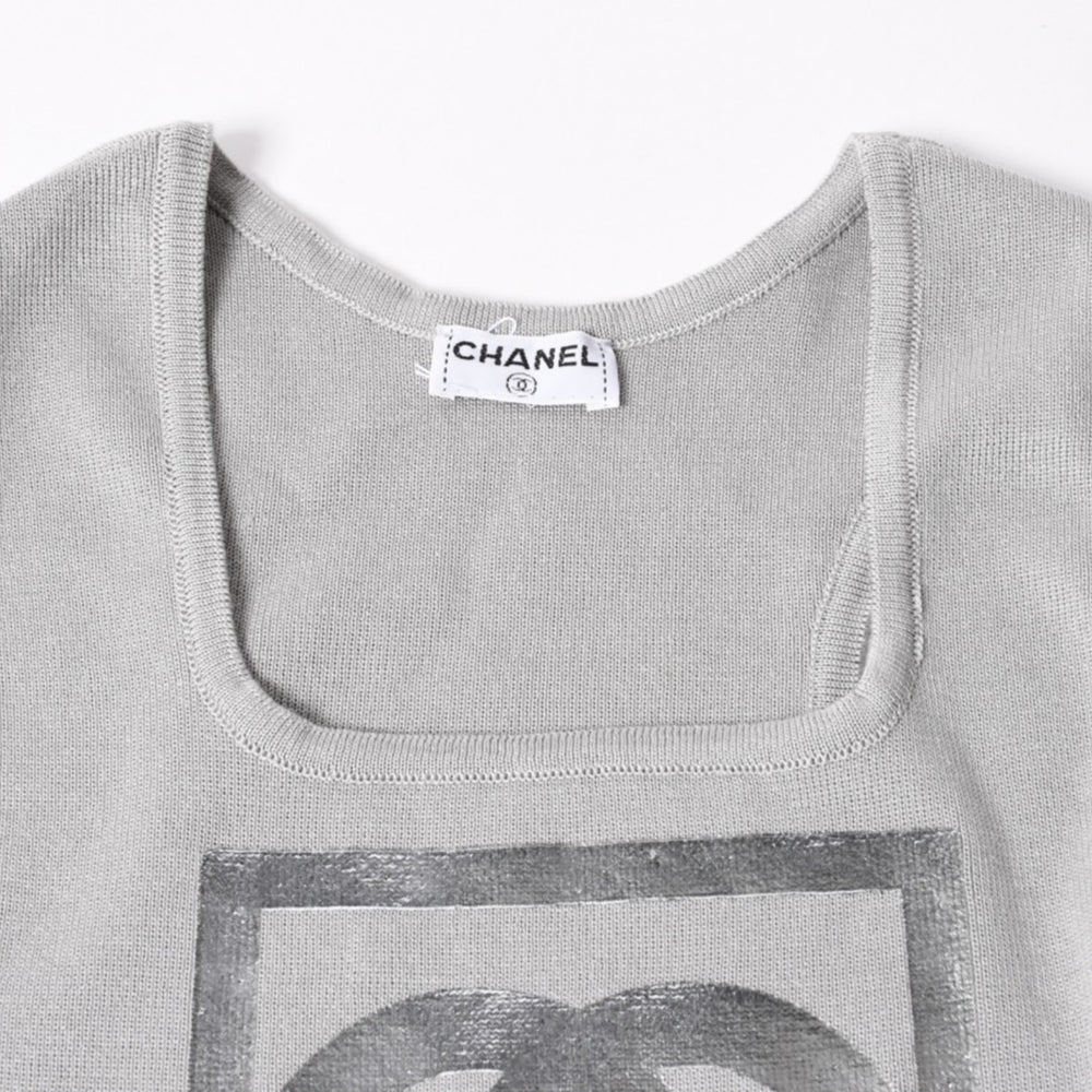 極美品 CHANEL シャネル ココマーク タンクトップ P17742V00943 コットン グレー シルバー金具 中古 4a006354