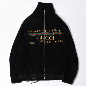極美品 GUCCI グッチ MAISON DE L'AMOUR ロゴエンブロイダリー ベロア オーバーサイズジャケット ブラック サイズS 中古 4a006713