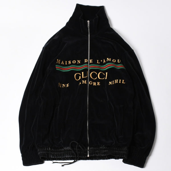 極美品 GUCCI グッチ MAISON DE L'AMOUR ロゴエンブロイダリー ベロア オーバーサイズジャケット ブラック サイズS 中古 4a006713