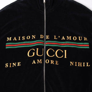 極美品 GUCCI グッチ MAISON DE L'AMOUR ロゴエンブロイダリー ベロア オーバーサイズジャケット ブラック サイズS 中古 4a006713