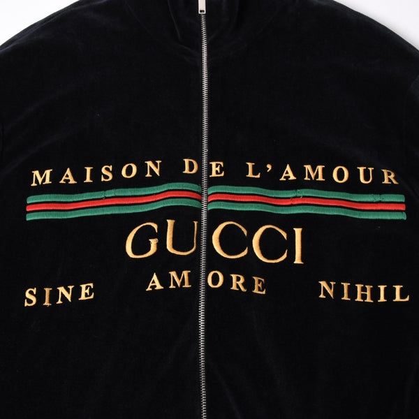 極美品 GUCCI グッチ MAISON DE L'AMOUR ロゴエンブロイダリー ベロア オーバーサイズジャケット ブラック サイズS 中古 4a006713