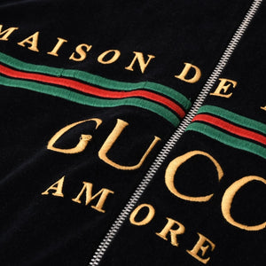 極美品 GUCCI グッチ MAISON DE L'AMOUR ロゴエンブロイダリー ベロア オーバーサイズジャケット ブラック サイズS 中古 4a006713