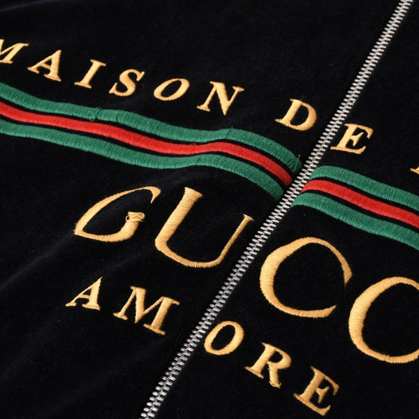 極美品 GUCCI グッチ MAISON DE L'AMOUR ロゴエンブロイダリー ベロア オーバーサイズジャケット ブラック サイズS 中古 4a006713