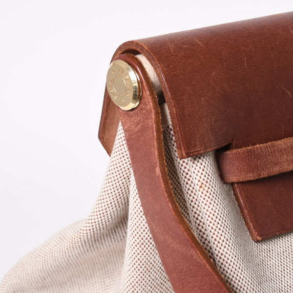 HERMES エルメス エールバッグ GM トワルアッシュ トートバッグ ショルダーバッグ ベージュ ブラウン ゴールド金具 E刻印 美品 中古 4a006381