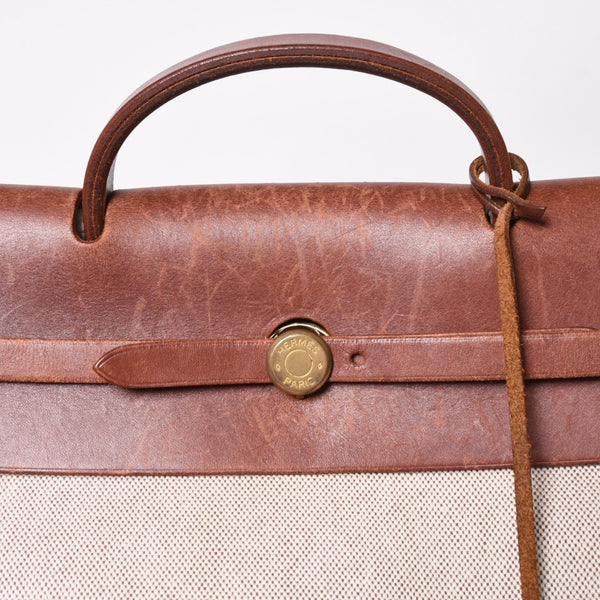 HERMES エルメス エールバッグ GM トワルアッシュ トートバッグ ショルダーバッグ ベージュ ブラウン ゴールド金具 E刻印 美品 中古 4a006381