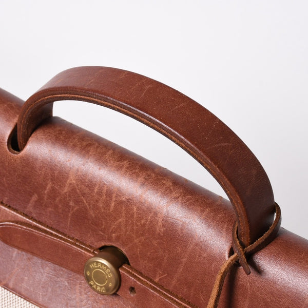 HERMES エルメス エールバッグ GM トワルアッシュ トートバッグ ショルダーバッグ ベージュ ブラウン ゴールド金具 E刻印 美品 中古 4a006381
