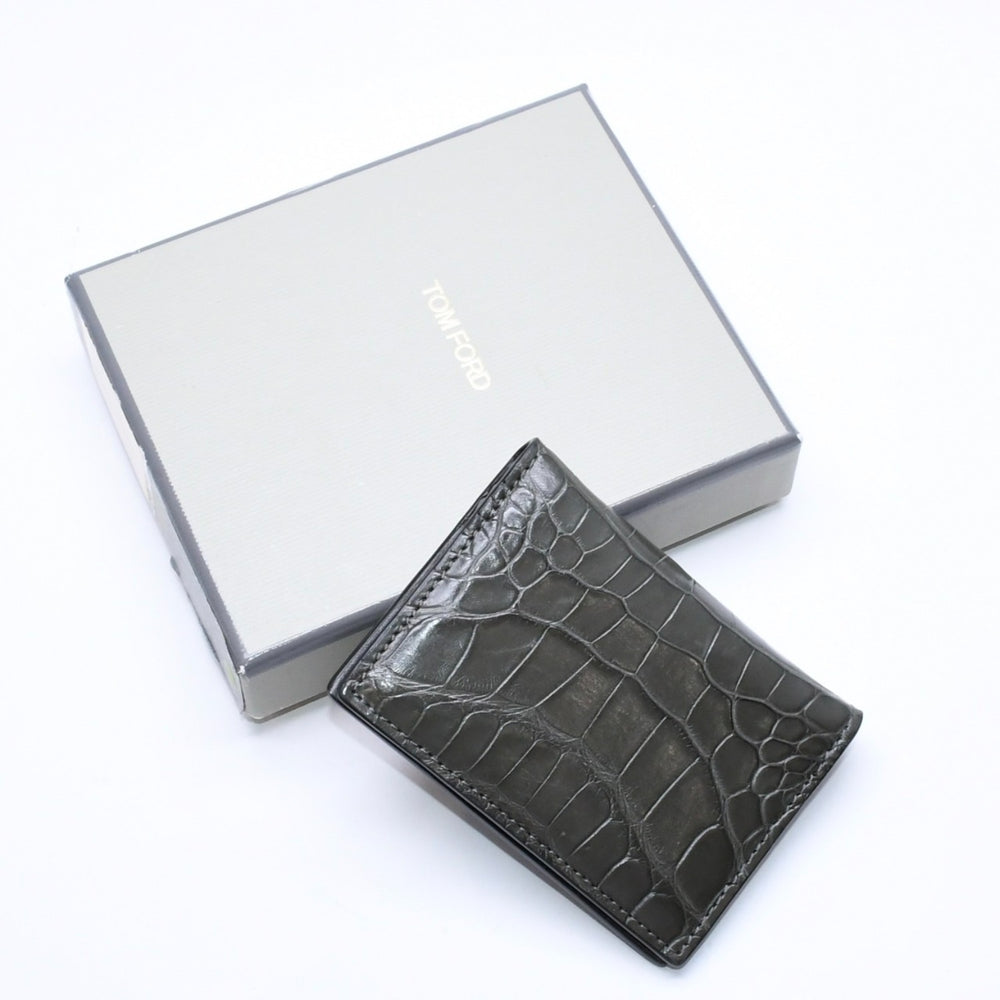 極美品 TOM FORD トムフォード 2つ折り Card Case カードケース 名刺入れ 財布 クロコ調 型押し グレー 中古 4a006726